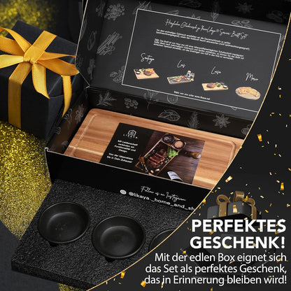 Servierbrett 2er Set Akazien-Holz mit Saucen Schüsseln - Grill Zubehör