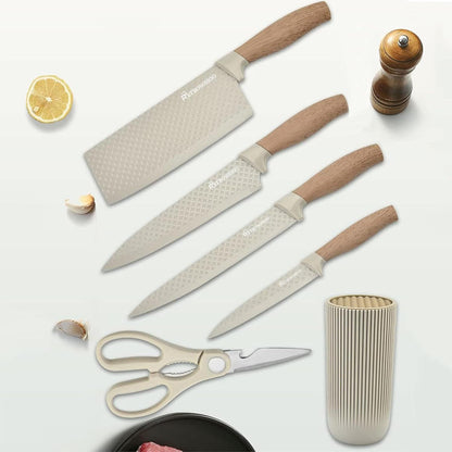 6-teiliges Khaki Messerset mit Messerblock, Antihaft & Scharf