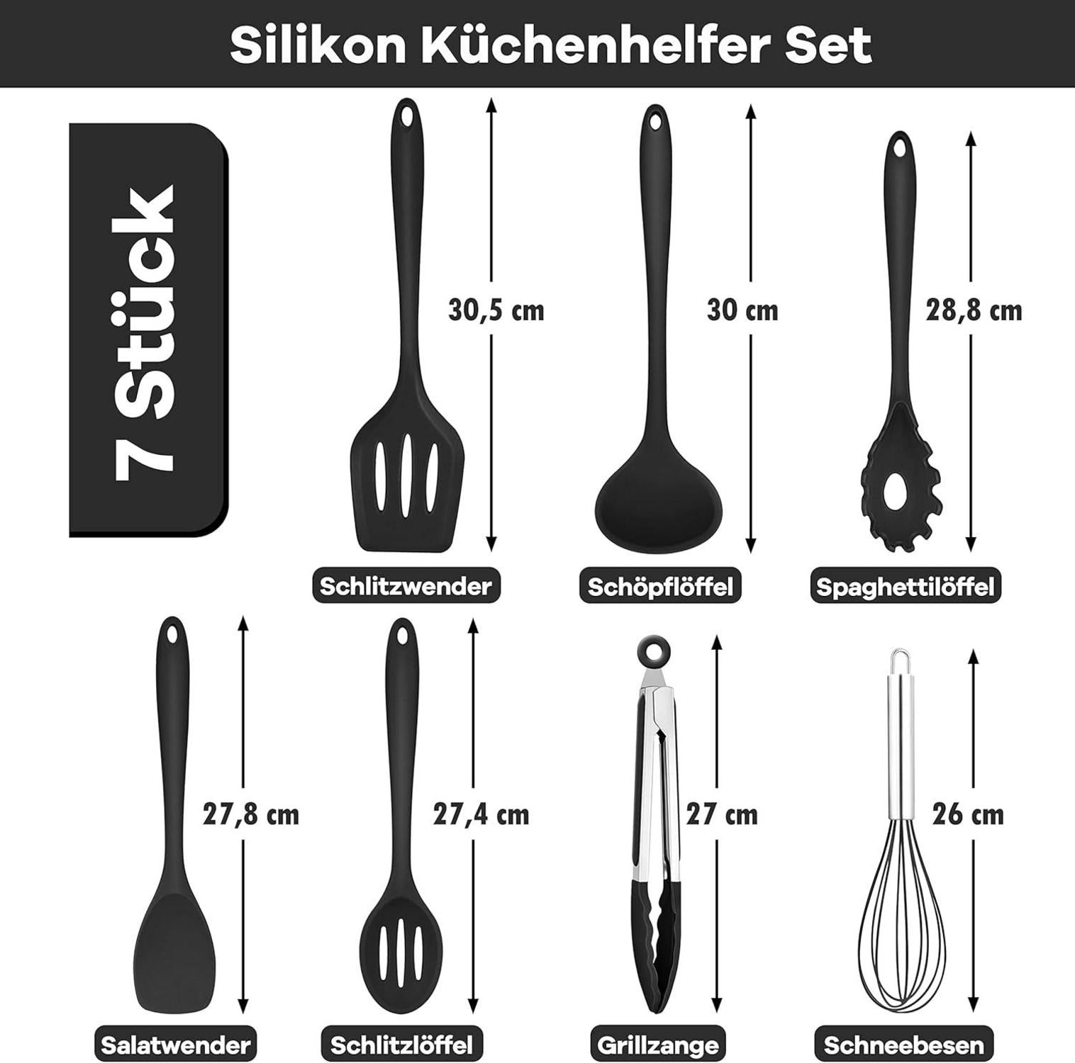 Homikit Silikon Küchenhelfer Set 7 Stück Schwarz Antihaft