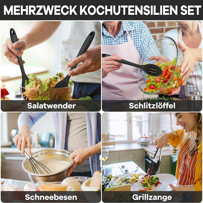 Küchenhelfer Set Schwarz Silikon 7tlg. Antihaft Kochutensilien Pfannenwender