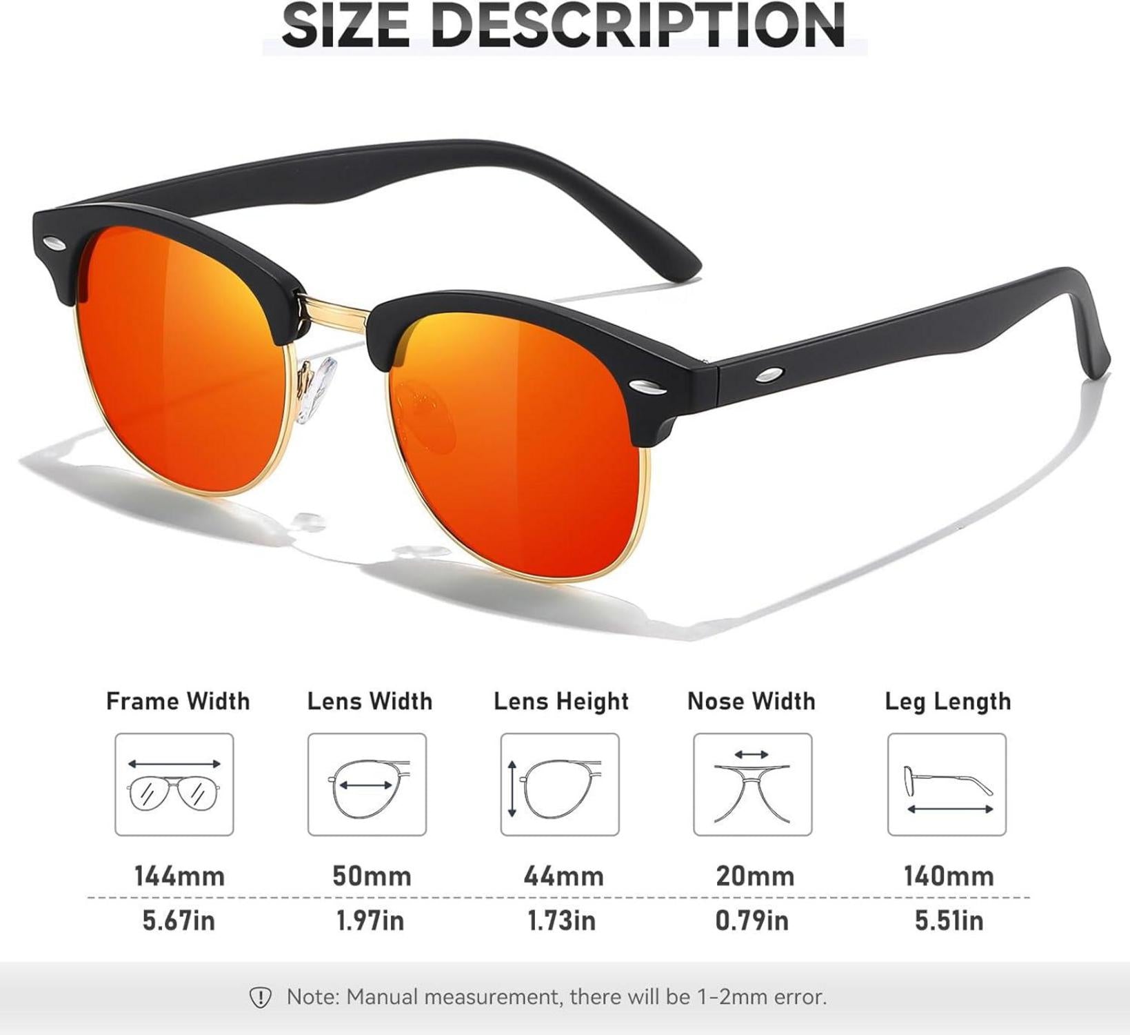 Vintage Polarisierte Halbrahmen Sonnenbrille UV400 Schutz Metallrahmen Retro Rechteckig