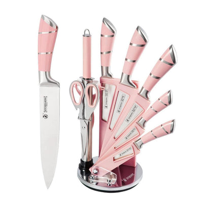 9-tlg. Messerset mit Messerblock, Rosa Edelstahl Küche