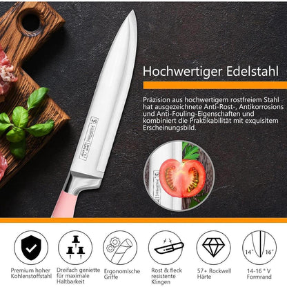 9-tlg. Messerset mit Messerblock, Rosa Edelstahl Küche