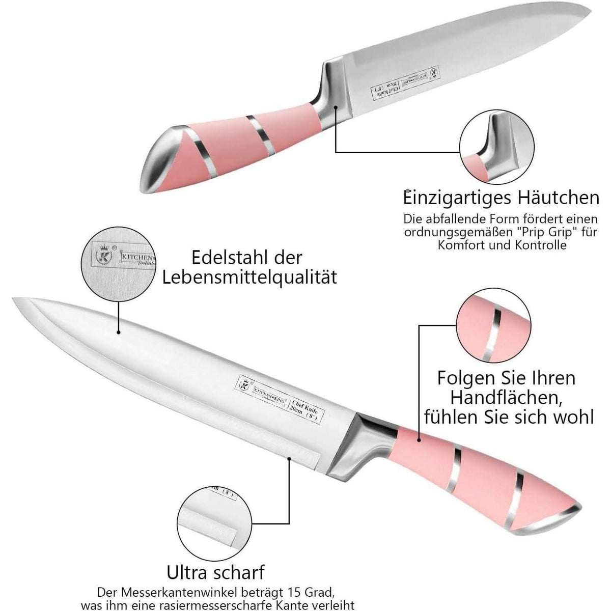 9-tlg. Messerset mit Messerblock, Rosa Edelstahl Küche