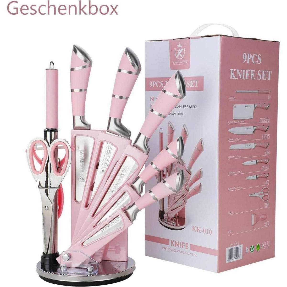 9-tlg. Messerset mit Messerblock, Rosa Edelstahl Küche