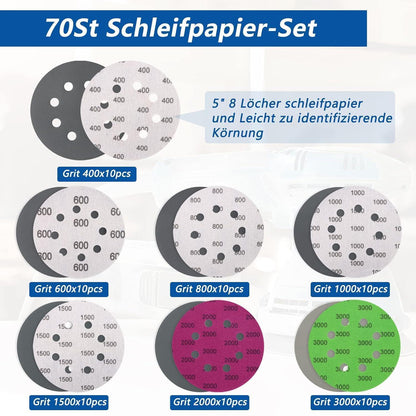Schleifscheiben 125mm Klett 70 Stück Nass & Trocken, gemischte Körnung