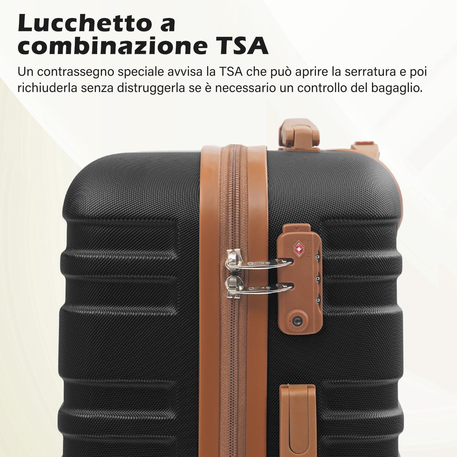 COOLIFE Koffer Set 5tlg Schwarz/Braun ABS Hartschale 4 Rollen TSA-Schloss