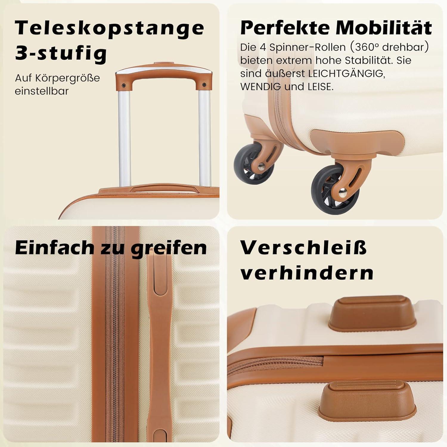 COOLIFE Koffer Set ABS Hartschale 4 Rollen TSA Schloss Weiß/Braun 5tlg