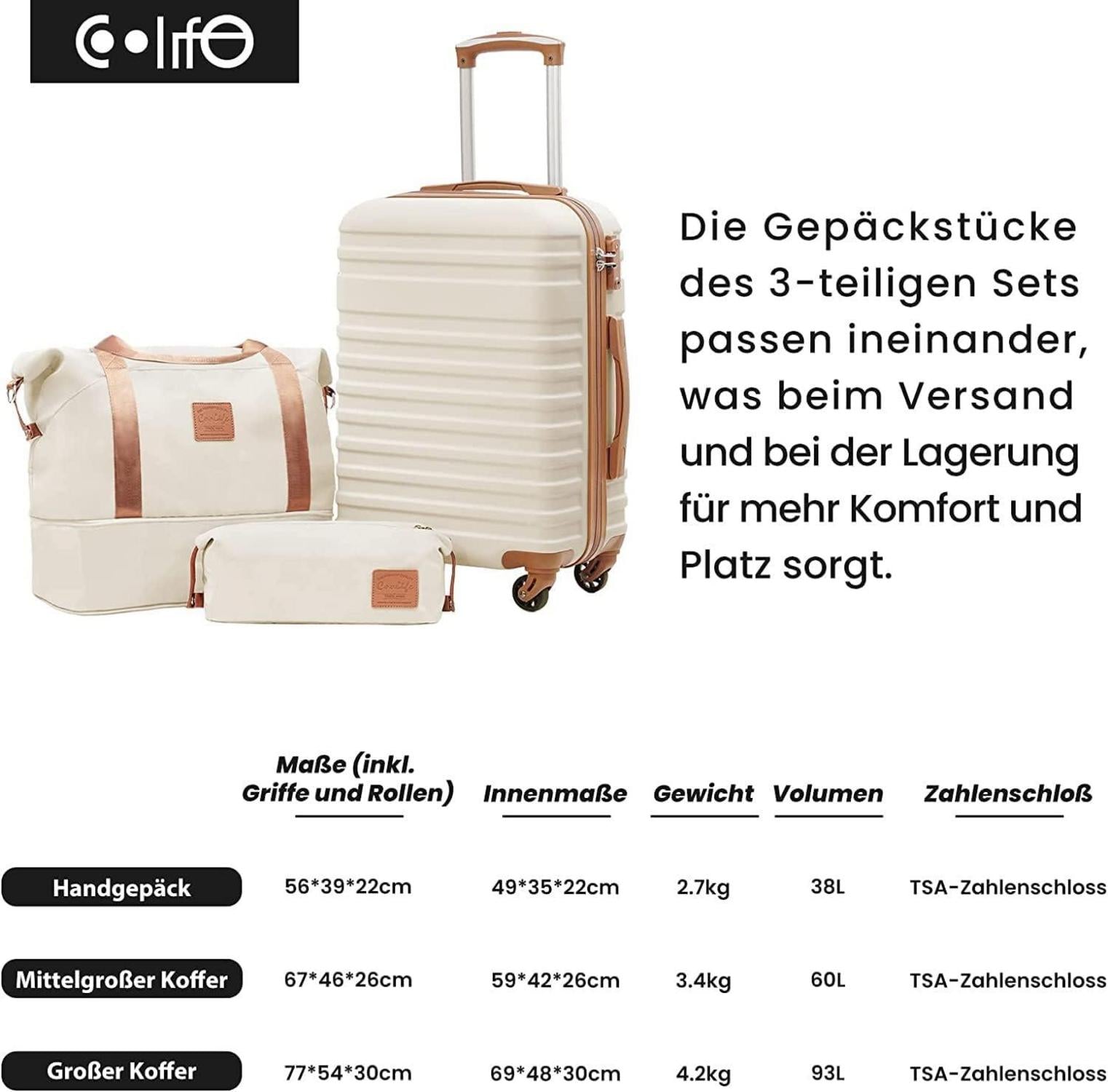 COOLIFE Koffer Set ABS Hartschale 4 Rollen TSA Schloss Weiß/Braun 5tlg