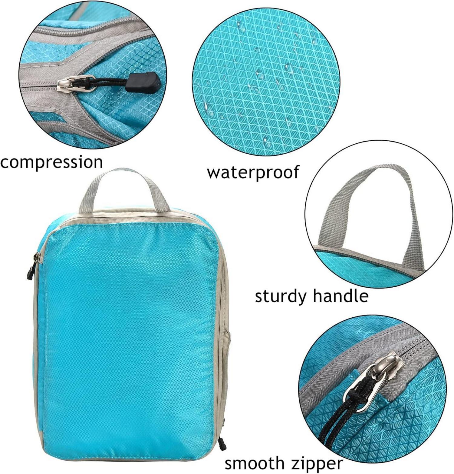 4er Pack Kompressions-Packwürfel, wasserdicht, erweiterbar, blaue Koffer-Verpackung