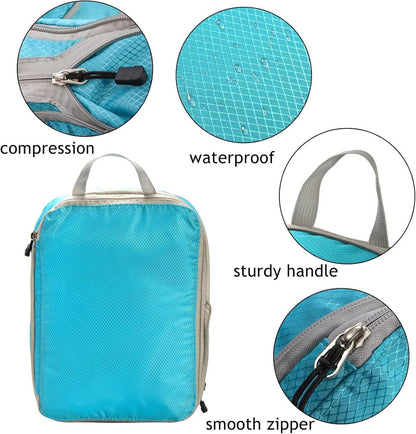 4er Pack Kompressions-Packwürfel, wasserdicht, erweiterbar, blaue Koffer-Verpackung
