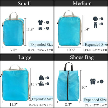 4er Pack Kompressions-Packwürfel blau wasserdicht Gepäck Organizer mit