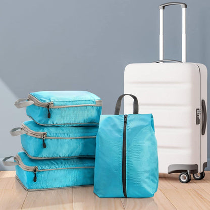 4er Set Kompressions-Packwürfel wasserdicht blau mit Schuhtasche