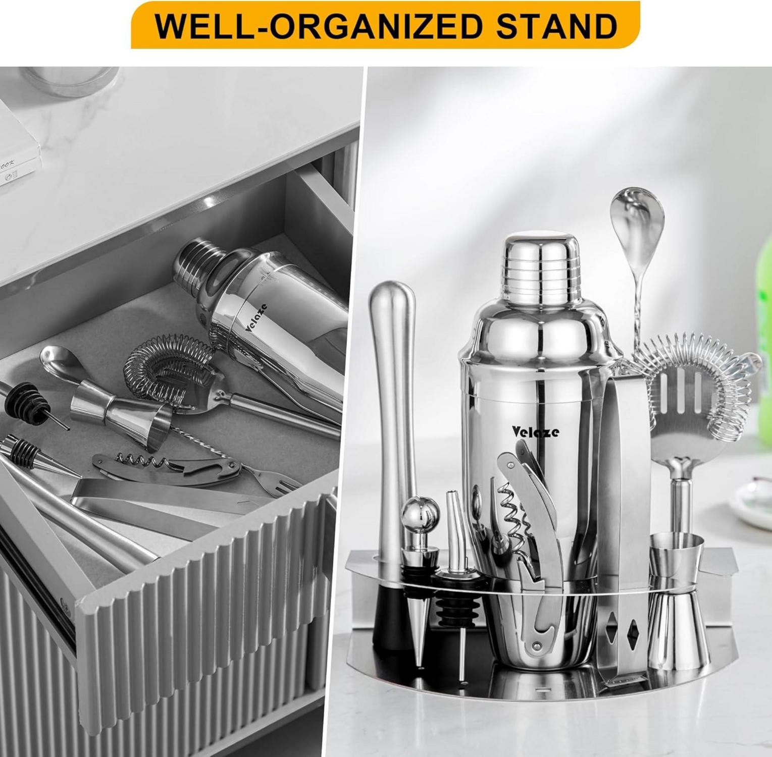 Cocktail Shaker Set 10-teilig Edelstahl mit Ständer und Zubehör