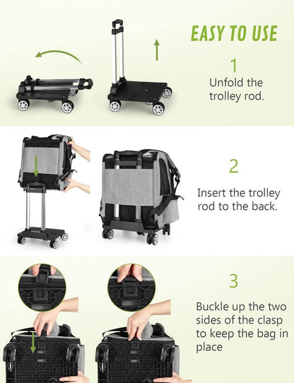Hunderucksack mit Trolley bis 10 kg, Große Katzenrolle Grau