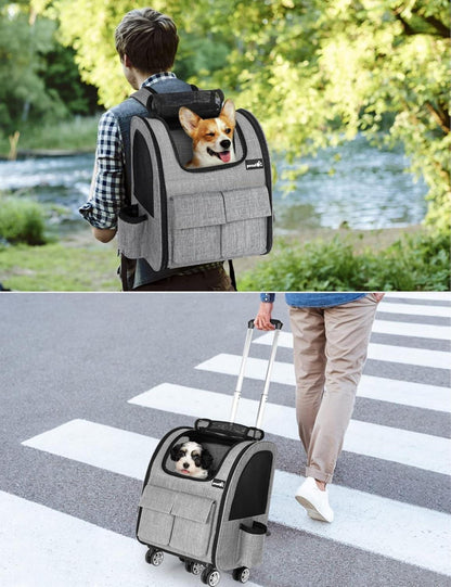 Hunderucksack mit Trolley 2 in 1 bis 10 kg für Katzen und Hunde Grau