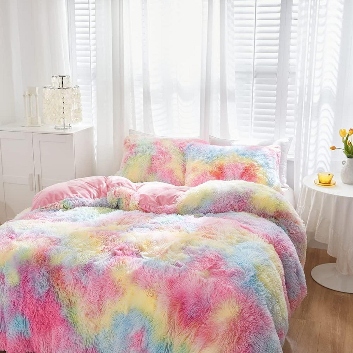 Winter Plüsch Bettwäsche Set 135x200 Regenbogen Bunt