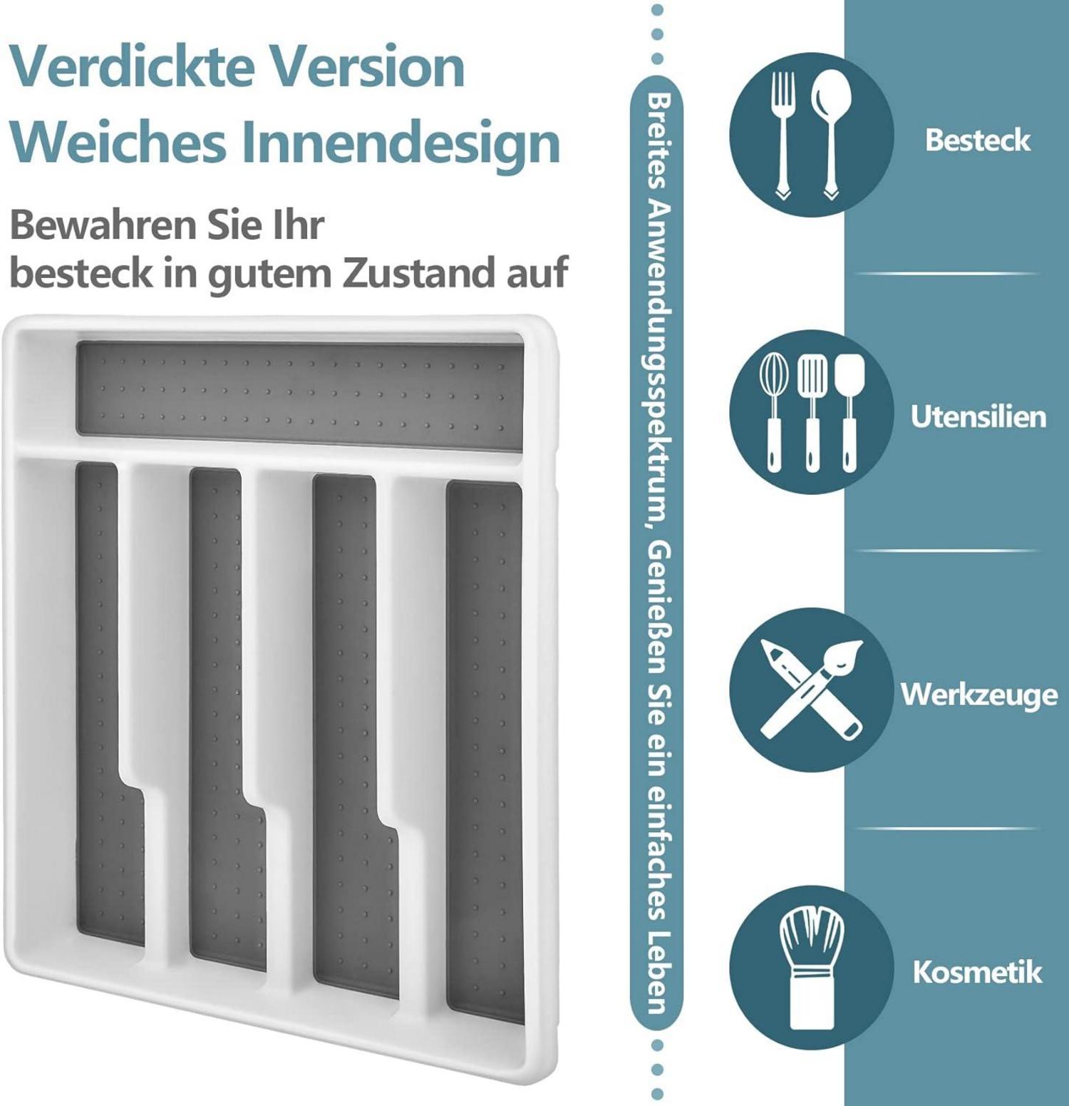 Onader Besteckkasten Kunststoff 5 Fächer Schubladeneinsatz Weiß Grau 32,6x29cm