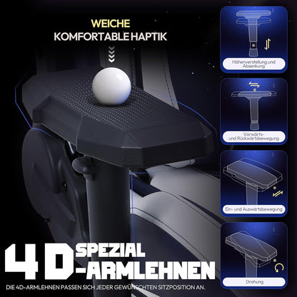 Ergonomischer Gaming Stuhl mit 4D-Armlehnen und Fußstütze Lordosenstütze - Blau