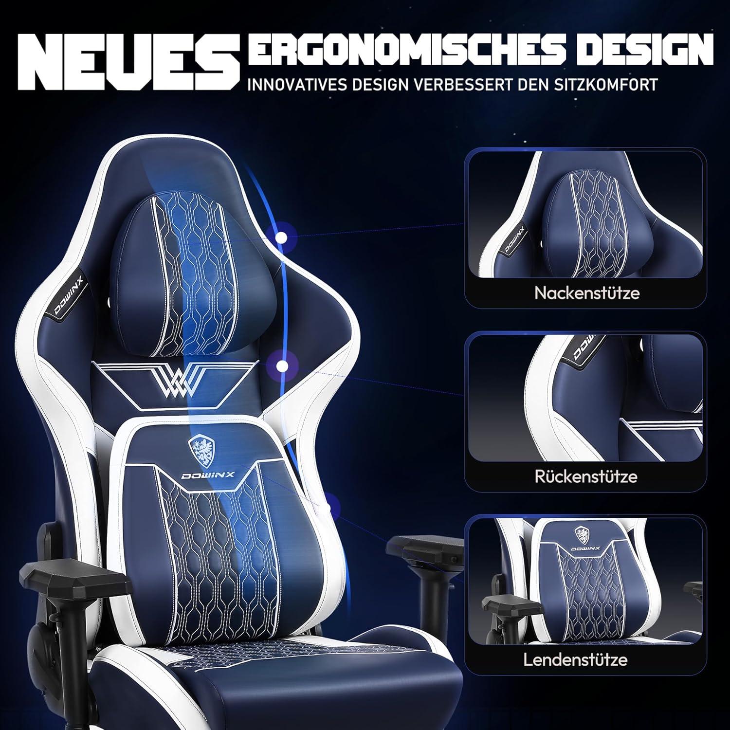 Ergonomischer Gaming Stuhl mit 4D-Armlehnen und Fußstütze Lordosenstütze - Blau
