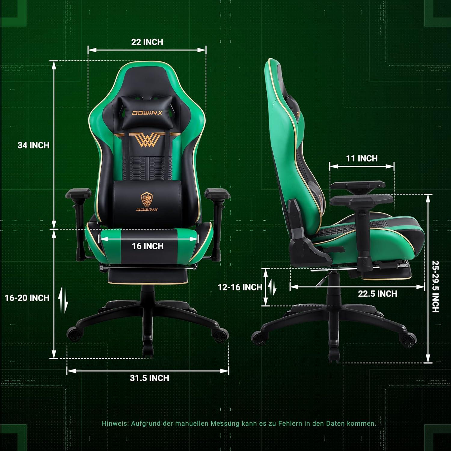 Ergonomischer Gaming Stuhl mit 4D Armlehnen und Fußstütze - Grün