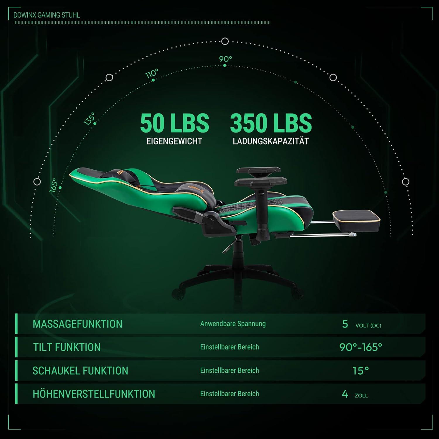 Dowinx Gaming Stuhl - Bürostuhl PU Leder Gamer Stuhl 4D Armlehnen Fußstütze Ergonomischer Gaming Chair 150 kg