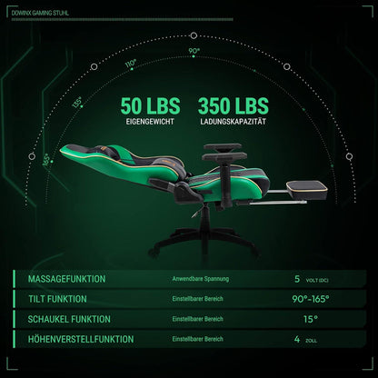 Dowinx Gaming Stuhl - Bürostuhl PU Leder Gamer Stuhl 4D Armlehnen Fußstütze Ergonomischer Gaming Chair 150 kg