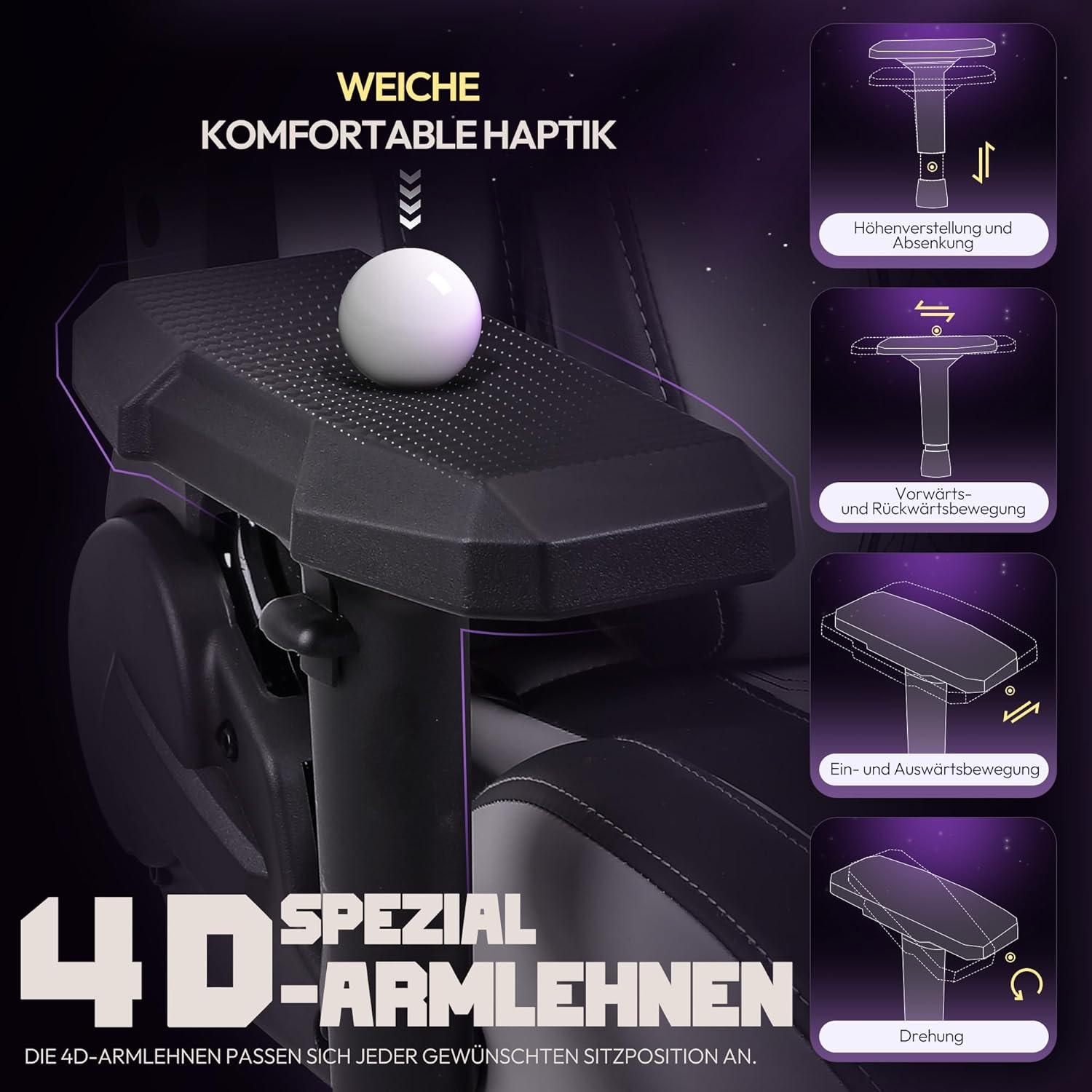 Dowinx Gaming Stuhl 4D-Armlehnen Fußstütze Bürostuhl Grau