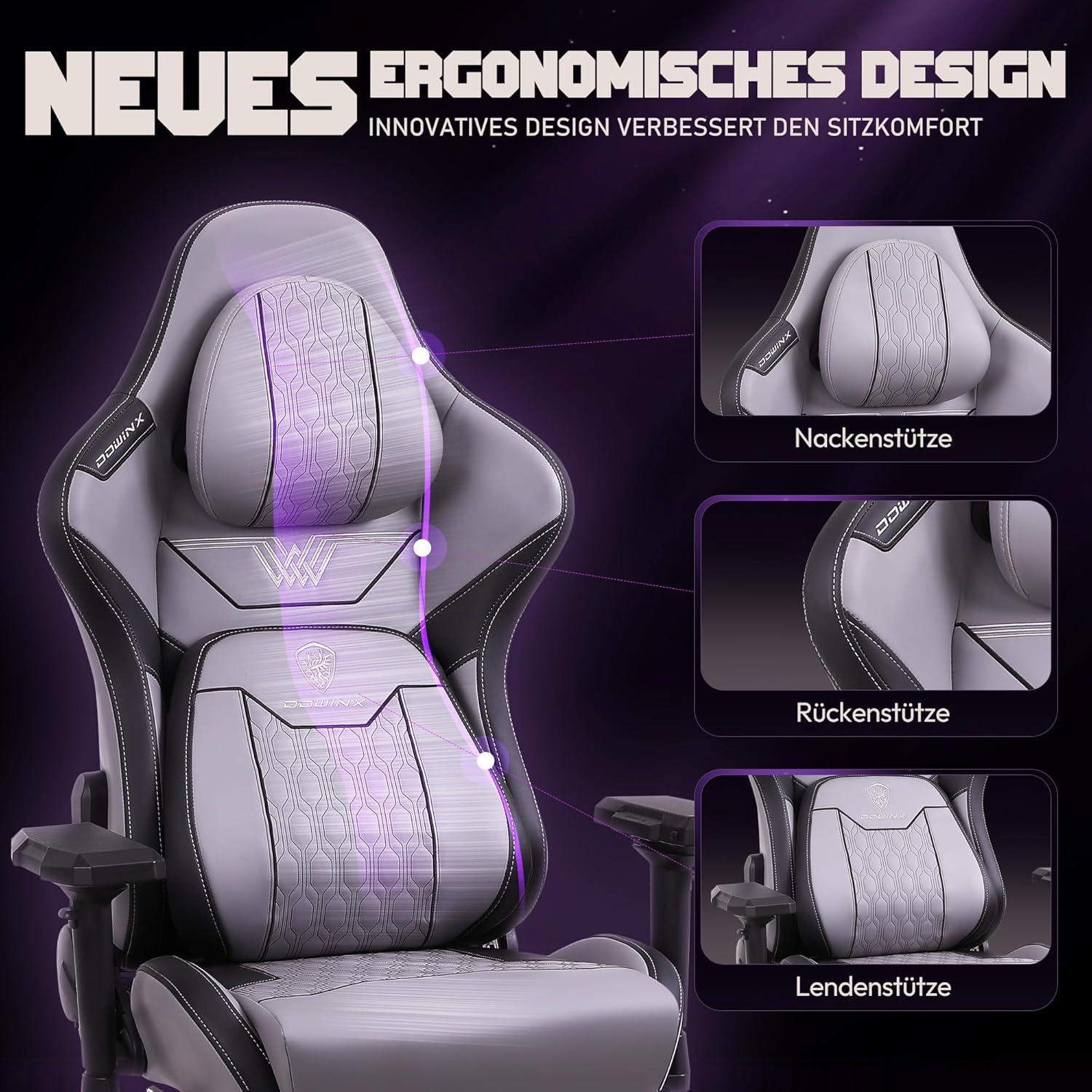 Dowinx Gaming Stuhl 4D-Armlehnen Fußstütze Bürostuhl Grau