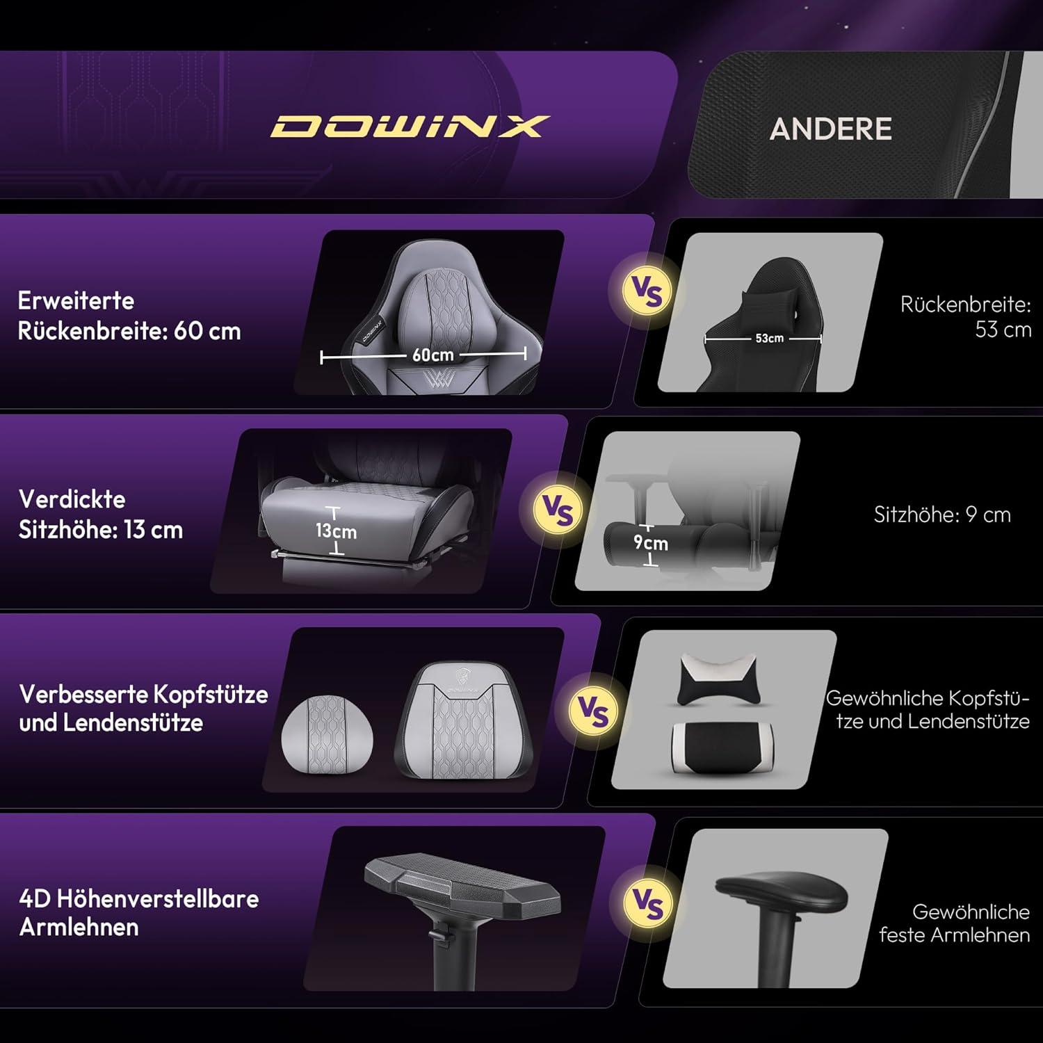 Dowinx Gaming Stuhl mit 4D-Armlehnen und Fußstütze Grau