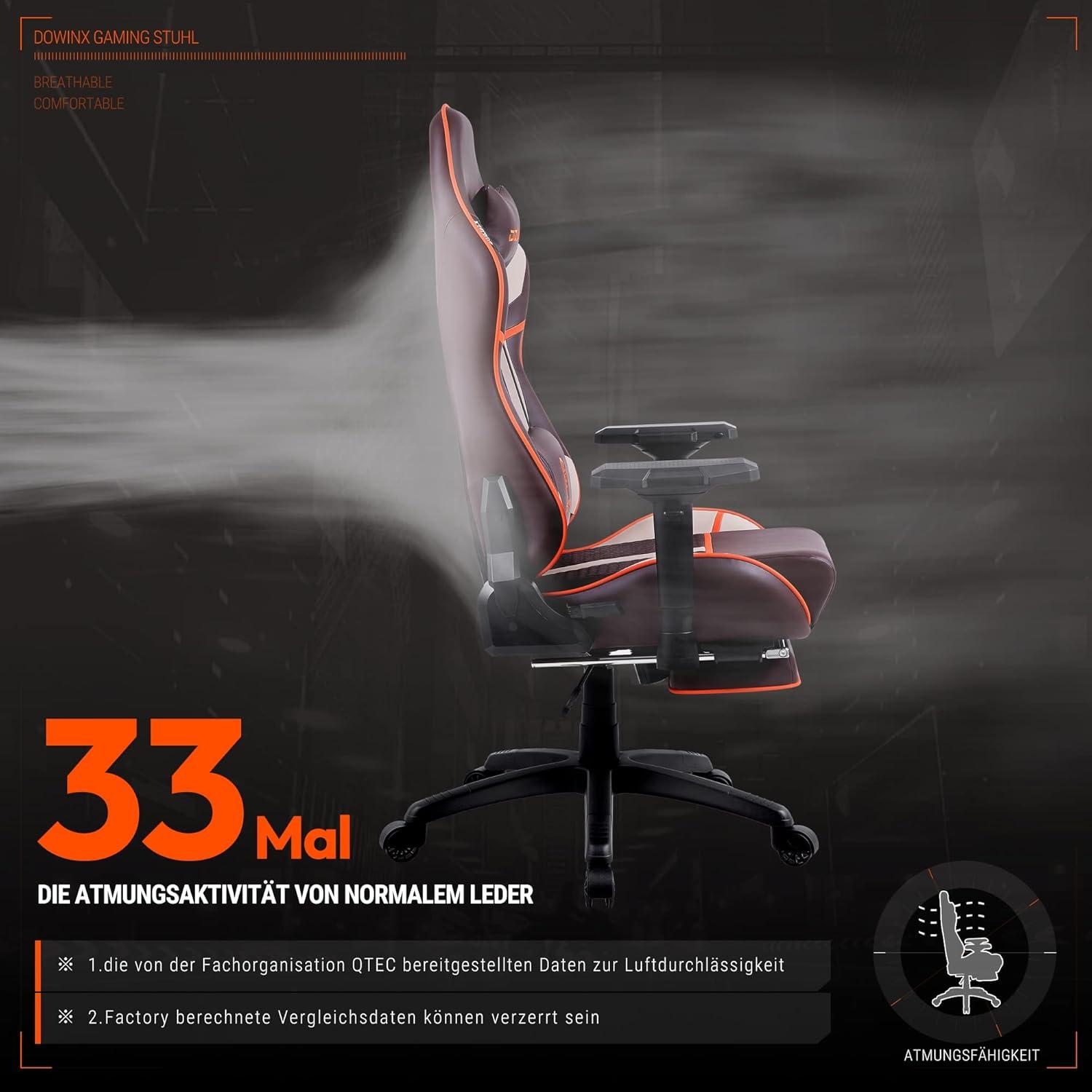 Dowinx Gaming Stuhl Bürostuhl Hohe Belastbarkeit Braun 4D Armlehnen Fußstütze - Ergonomisch - Gaming Chair - Gaming-Sessel 150 kg