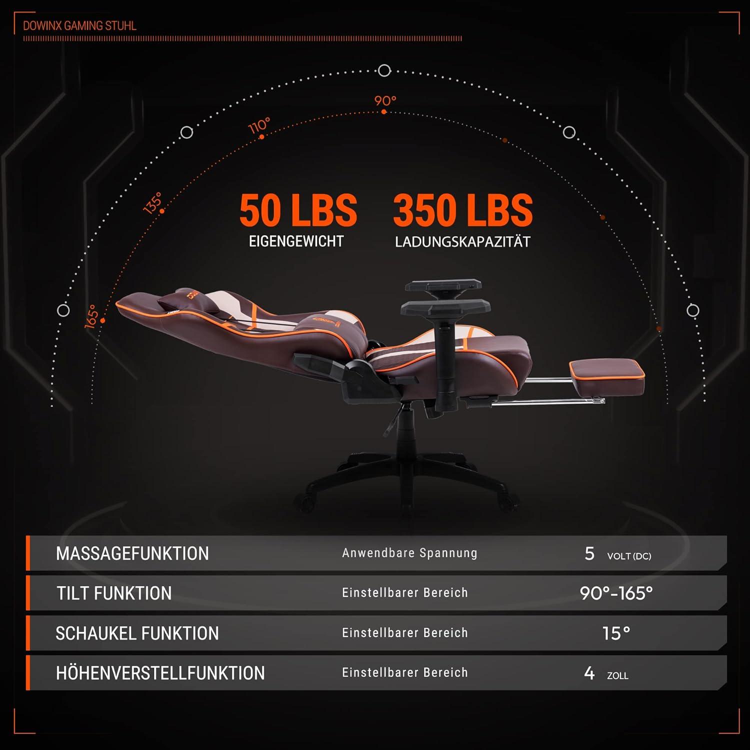 Dowinx Gaming Stuhl Bürostuhl Hohe Belastbarkeit Braun 4D Armlehnen Fußstütze - Ergonomisch - Gaming Chair - Gaming-Sessel 150 kg