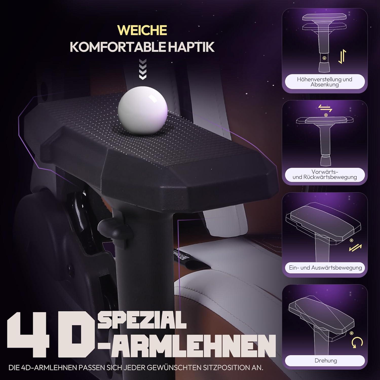 Dowinx Gaming Stuhl 4D Armlehnen Gamer Fußstütze Bürostuhl Lordosenstütze 180KG