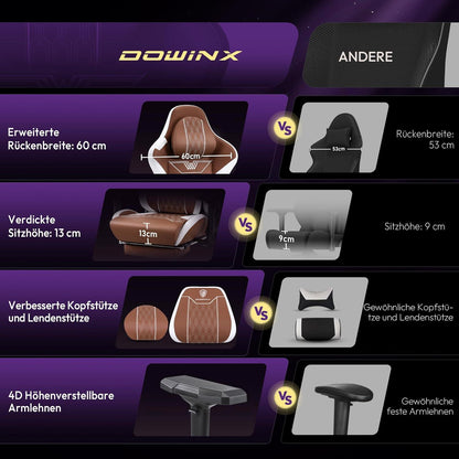 Dowinx Gaming Stuhl 4D-Armlehnen Fußstütze ergonomisch Bürostuhl PU Leder Lordosenstütze 180KG Braun