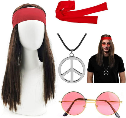 Hippie Kostüm Set 4tlg. Perücke Sonnenbrille Peace Halskette Stirnband