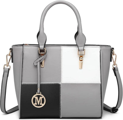 Damen Handtasche mittelgroß Farbblock Schultertasche PU-Leder Grau