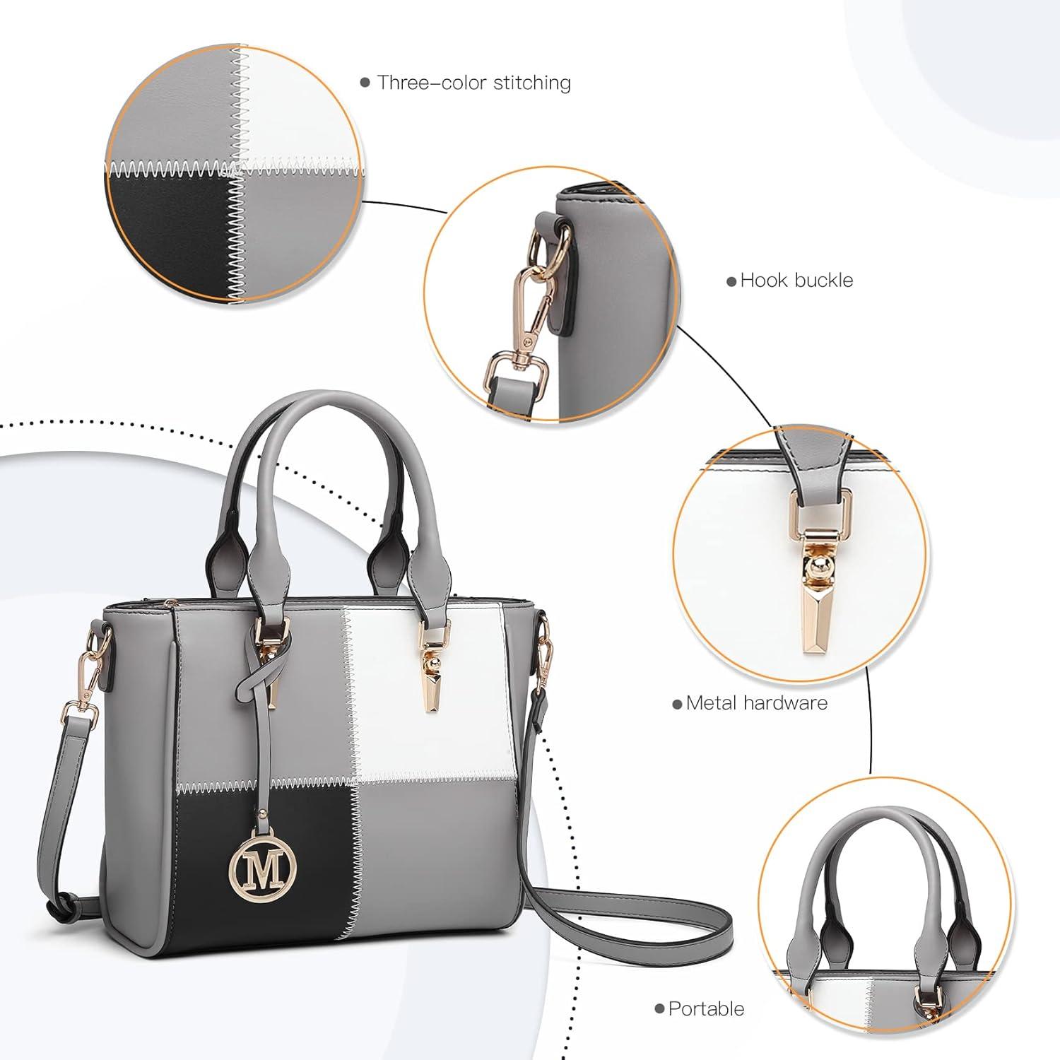 Damen Handtasche mittelgroß Farbblock Schultertasche PU-Leder Grau