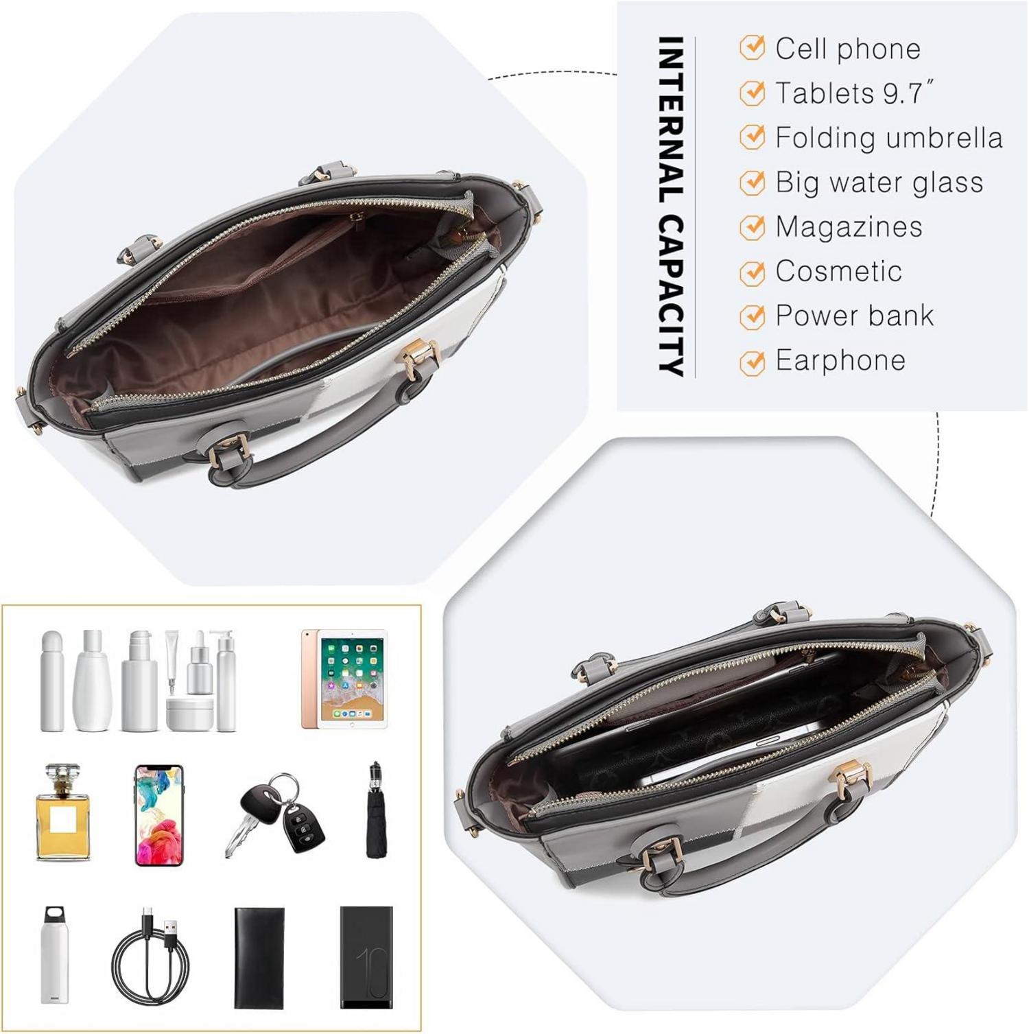 Damen Handtasche mittelgroß Farbblock PU-Leder Schulter Umhänge Grau