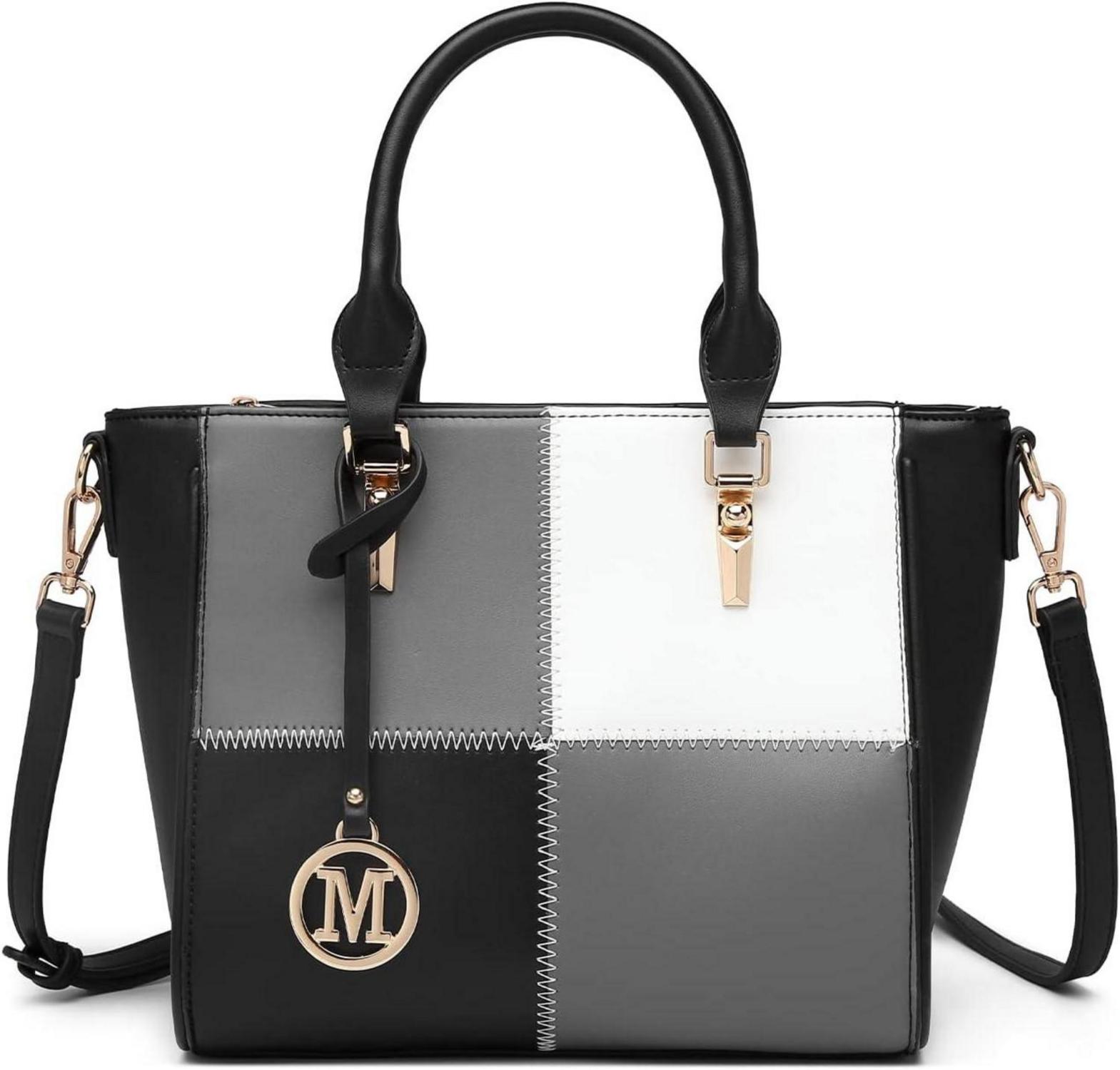 Damen Handtasche Farbblock PU-Leder Schultertasche Schwarz