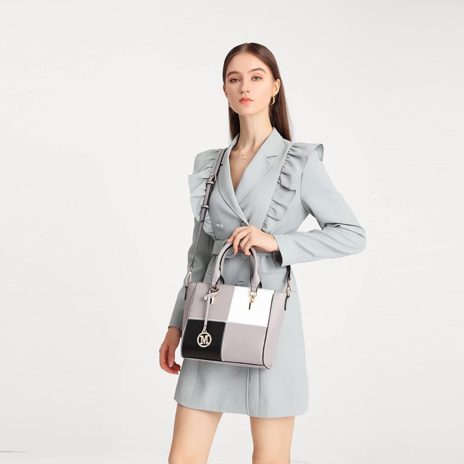Damen Handtasche mittelgroß Farbblock PU-Leder Schultertasche