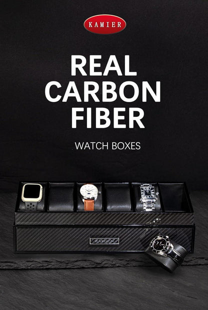 Uhrenbox Herren mit 6 Fächern Echtholz Uhrenkoffer Kohlefaser