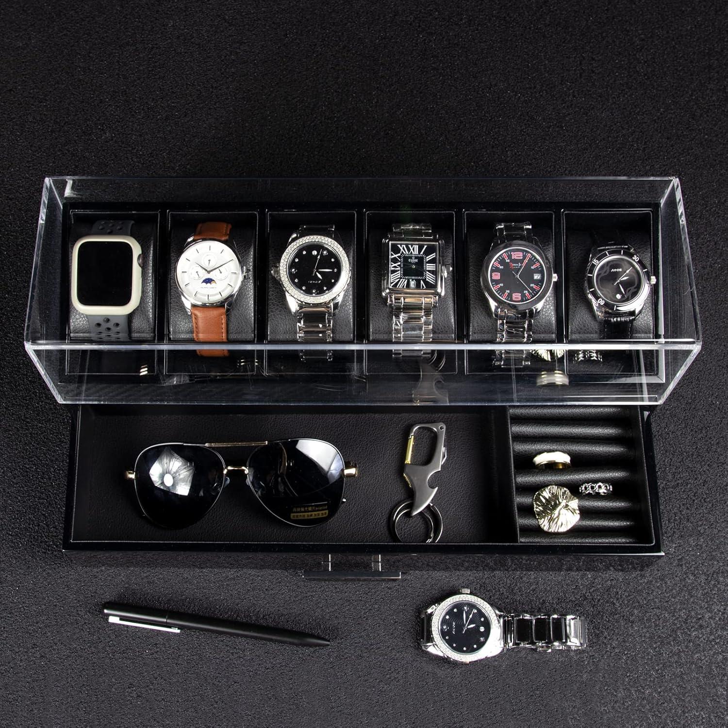 Herren Uhrenbox Echtholz Carbon Fiber 6 Fächer Kohlefaser 6 Fächer