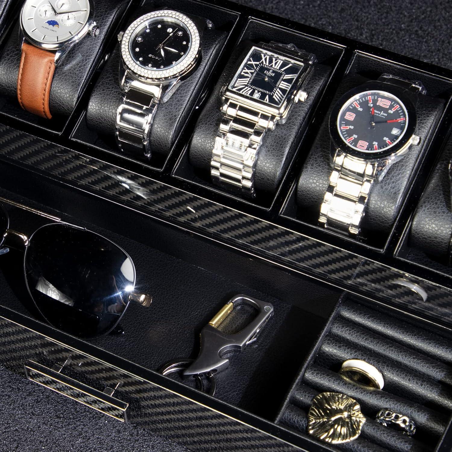 KAMIER Uhrenbox Herren | Carbon Fiber | Echtholz | 6 Fächer