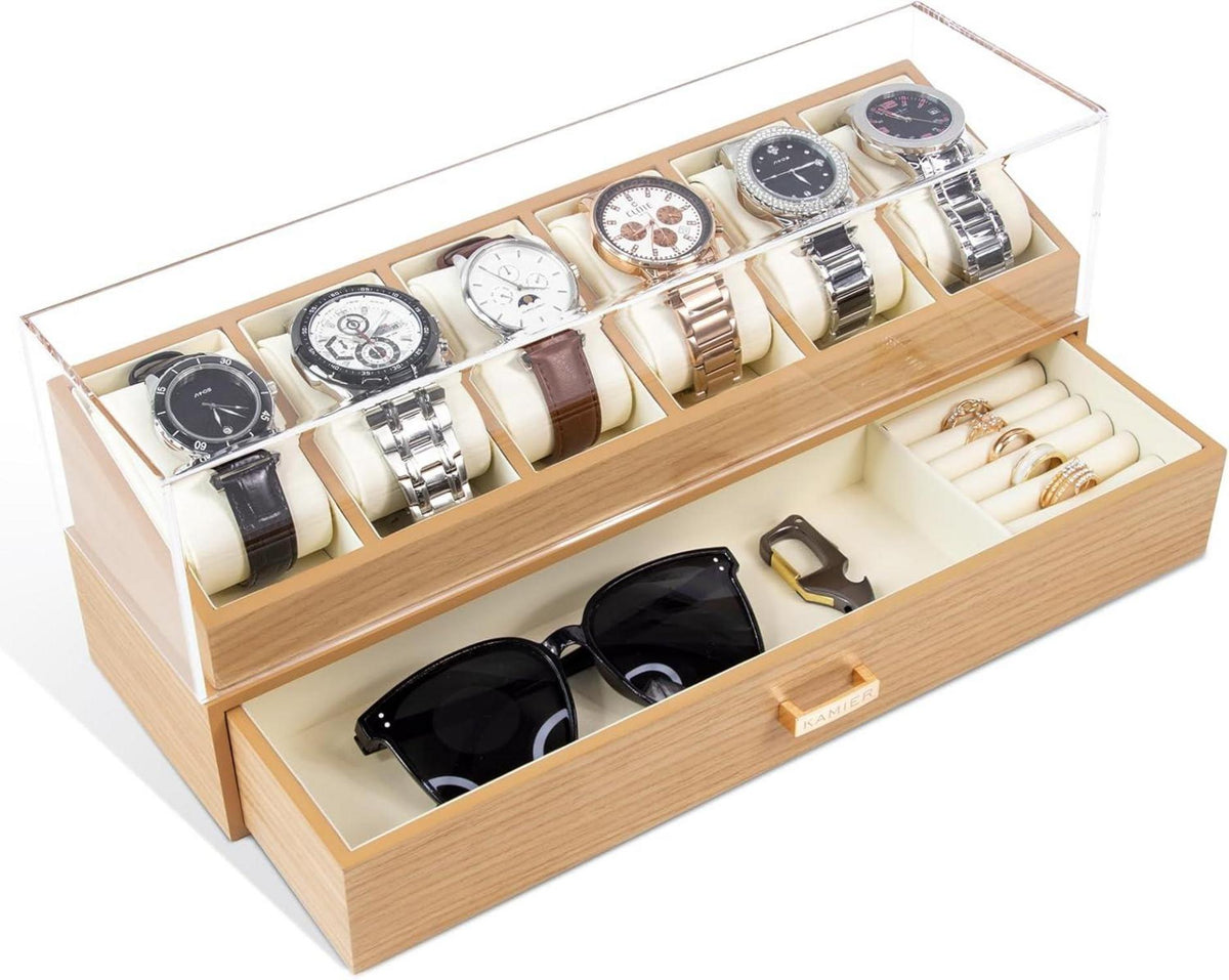 Uhrenbox Herren Echtholz 6 Fächer Uhrenkoffer Schublade Oak 6 Schlitze
