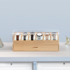 Uhrenbox Herren Echtholz 6 Fächer Uhrenkoffer Schublade Oak 6 Schlitze