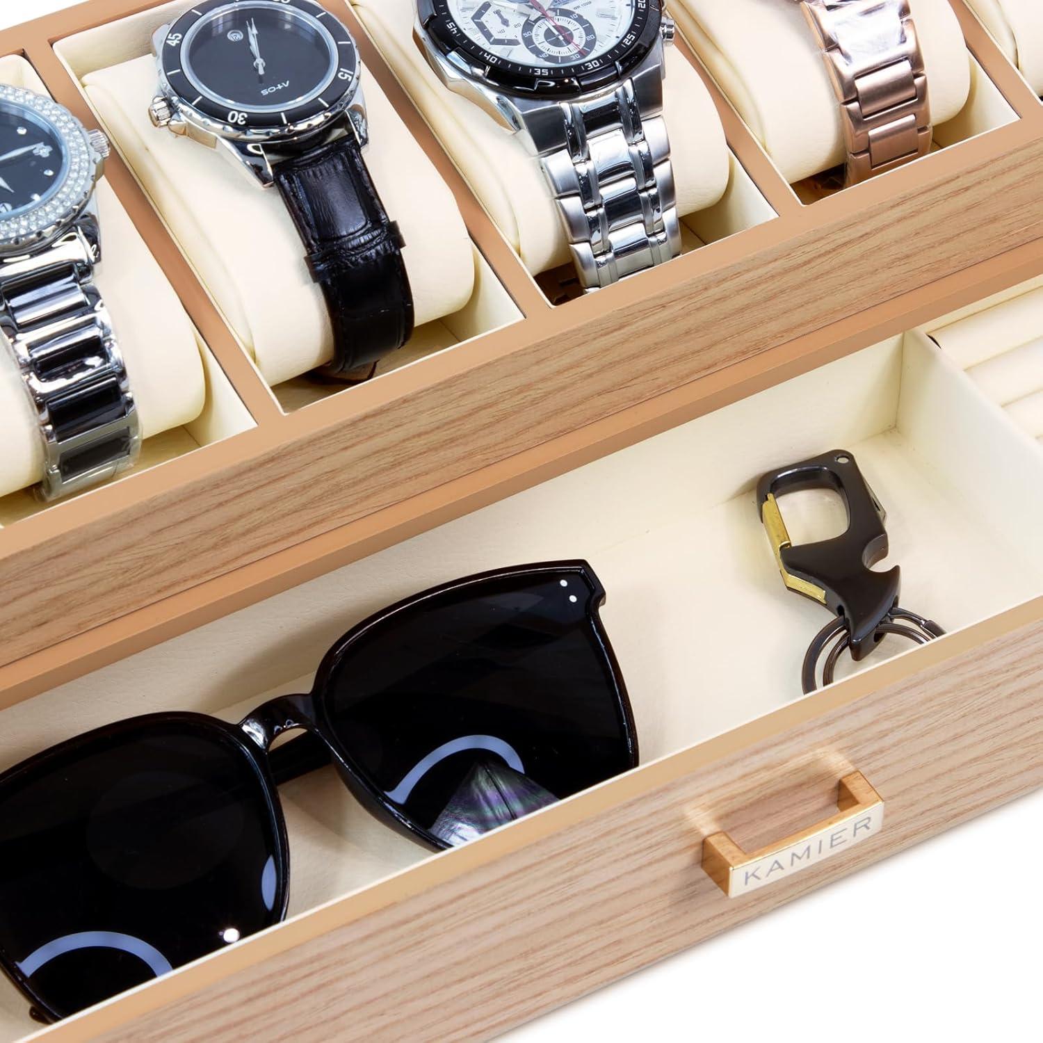 KAMIER Uhrenbox Herren Echtholz 6 Fächer Schublade Oak