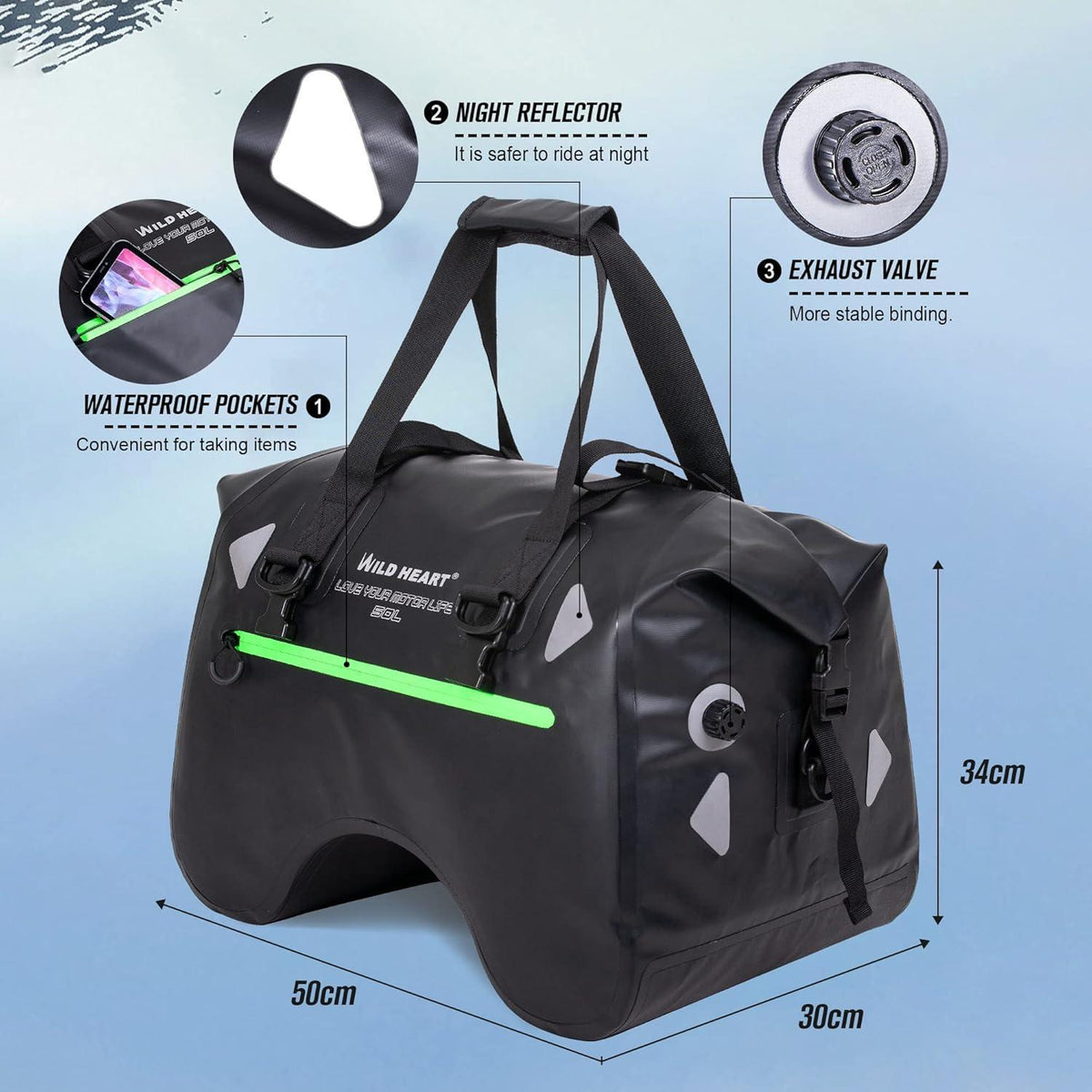 Motorrad Hecktasche wasserdicht 50L U-Form Gepäcktasche Schwarz
