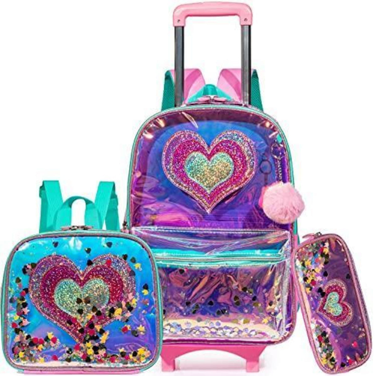 Rollrucksack für Mädchen mit Rädern & Brotdose – 17 Zoll