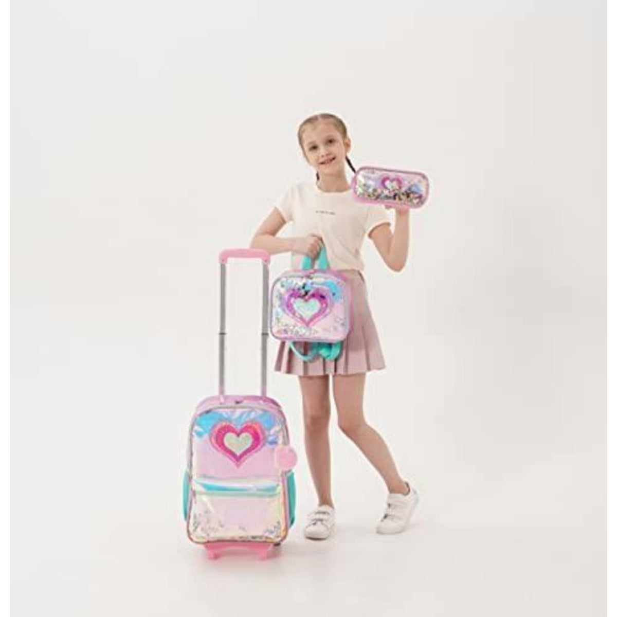 Rollrucksack für Mädchen mit Rädern & Brotdose – 17 Zoll