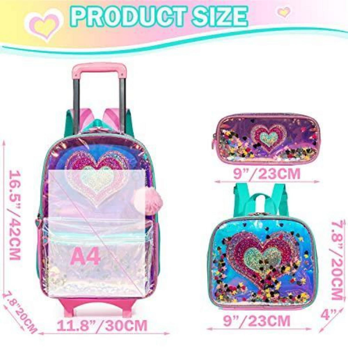 Rollrucksack für Mädchen mit Rädern & Brotdose – 17 Zoll